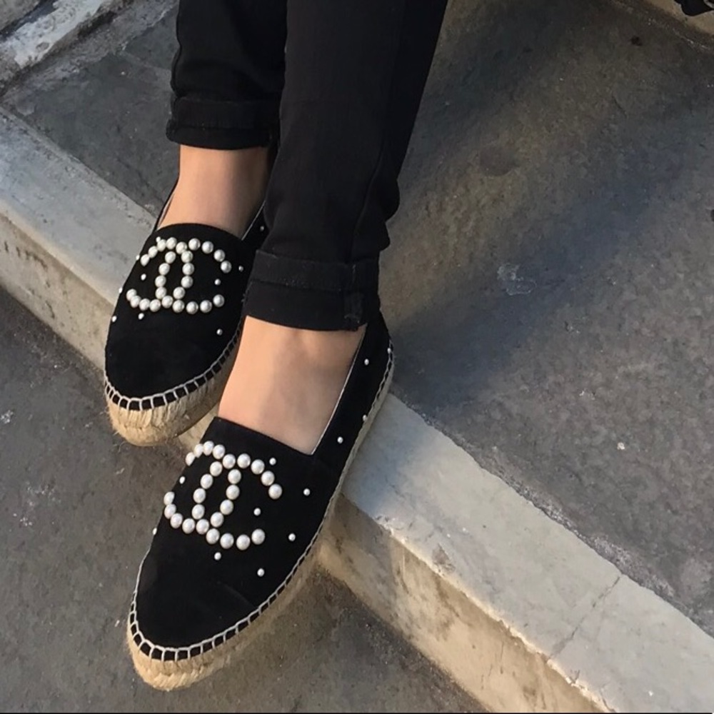 Chanel Black Suede Espadrilles w/ Pearls
